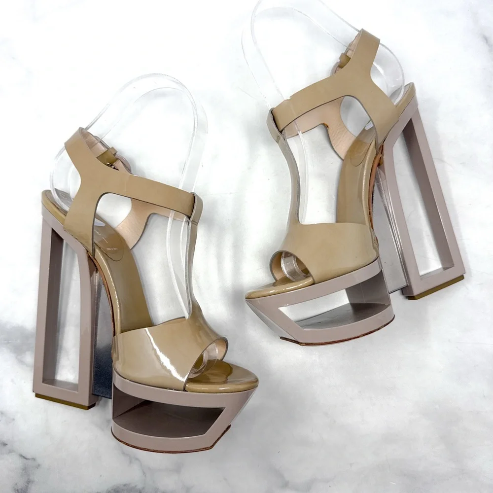 CASADEI Vintage Y2K Sky High Chunky Platform Patent Leather T Strap Sandal Heels